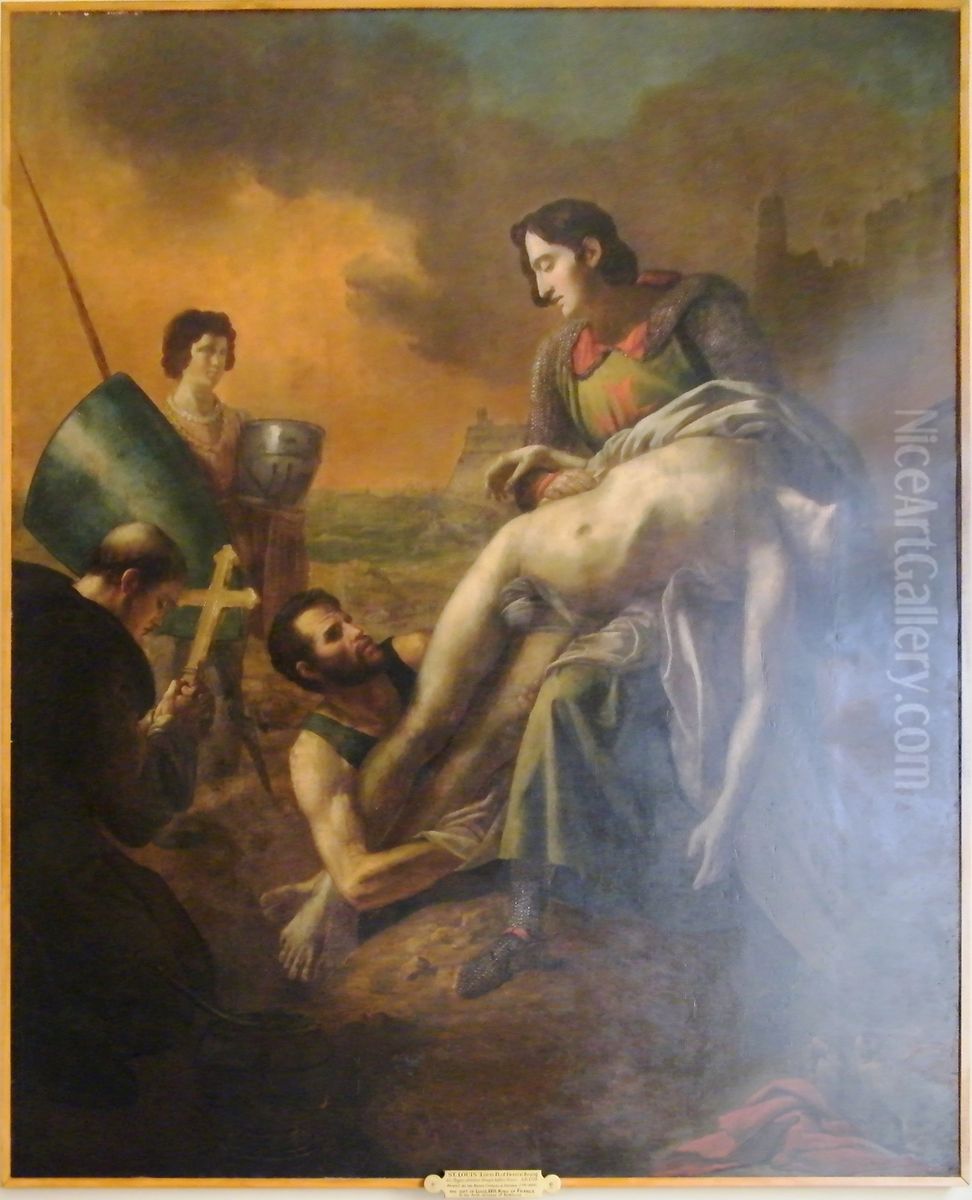 St. Louis (Louis IX of France) burying his plague-stricken troops before Tunis, A.D. 1270. Oil Painting by Charles de Steuben