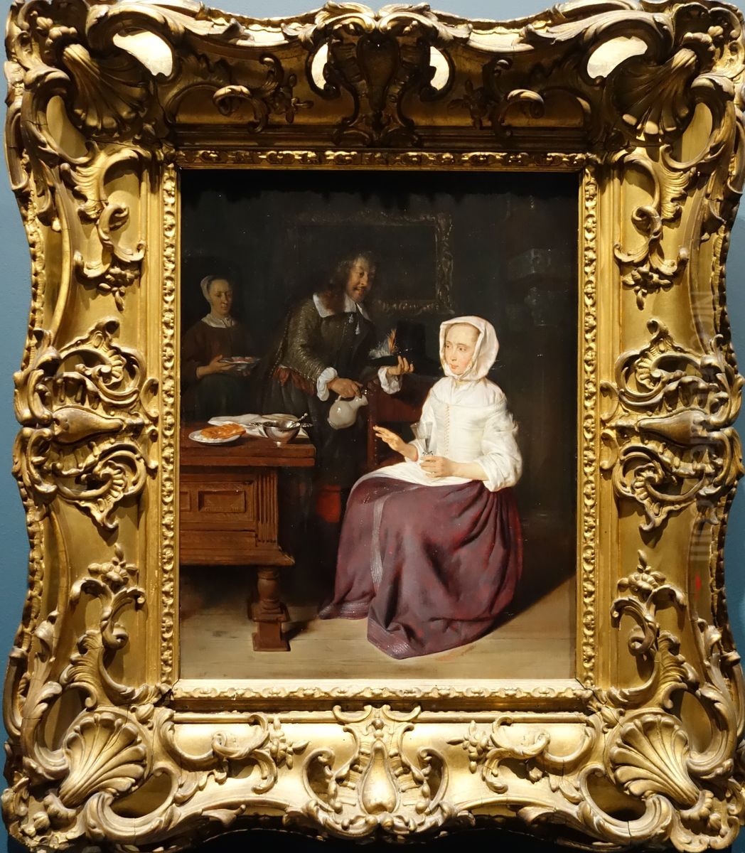 Man with a jug offering wine to a woman holding a glass Oil Painting by Gabriel Metsu