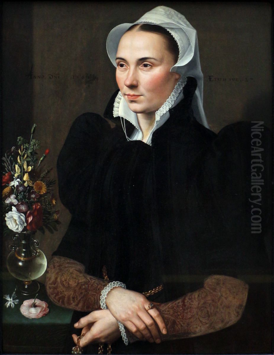 Portrait of a 27-year-old woman with a bunch of flowers Oil Painting by Adriaen Thomasz. Key
