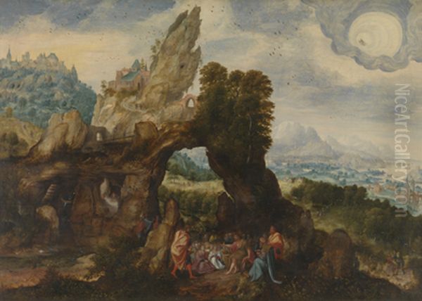 Berglandschap met de prediking van Johannes de Doper Oil Painting by Herri met de Bles