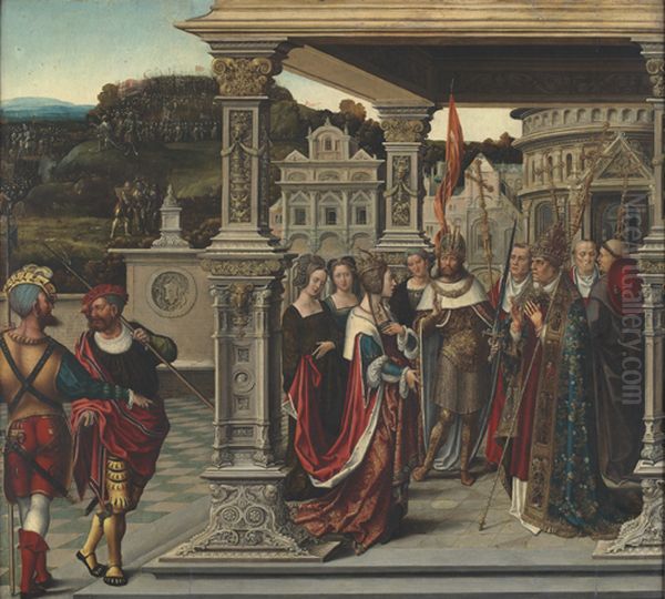Volet gauche du retable de la confrerie de la Sainte-Croix a Furnes. Avers : Sainte Helene devant le pape a Rome. Revers : Le Christ succombant sous la croix Oil Painting by Orley, Bernard van