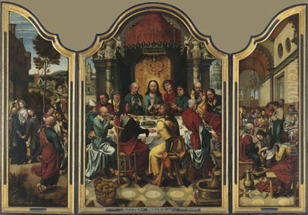 Drieluik met het Laatste Avondmaal (middenpaneel); het afscheid van Christus en Maria (linkerluik); de voetwassing (rechterluik) Oil Painting by Master Of The Von Groote Adoration