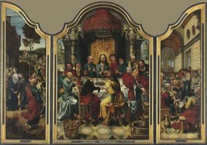 Drieluik met het Laatste Avondmaal (middenpaneel); het afscheid van Christus en Maria (linkerluik); de voetwassing (rechterluik)