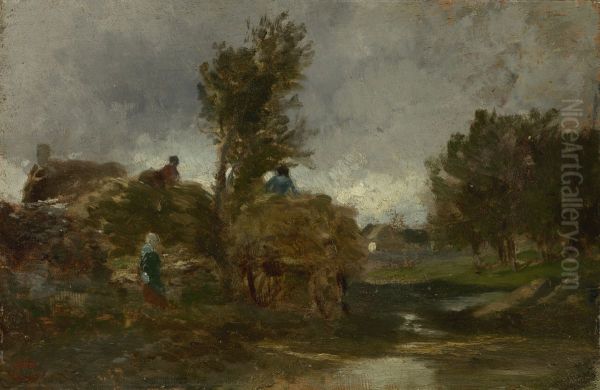 Landschap met hooiwagen Oil Painting by Constant Troyon