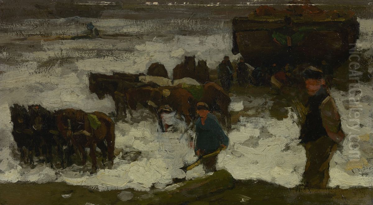 Vissers trekken hun boot op het strand; sneeuweffect Oil Painting by Willem de Zwart