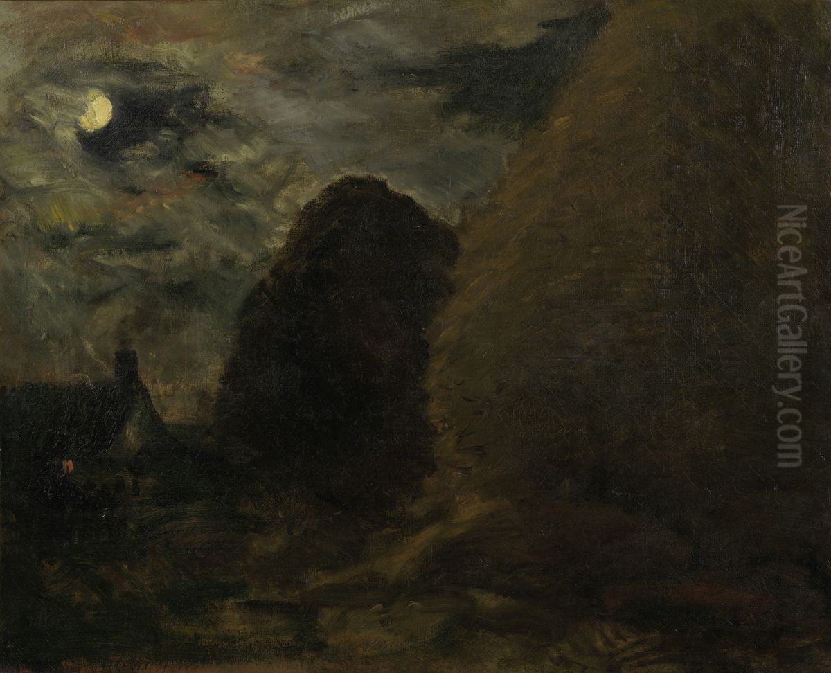 Haystacks by moonlight Oil Painting by Charles-Francois Daubigny