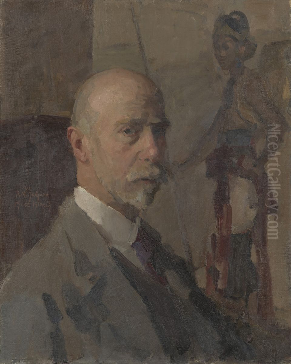 Zelfportret met een portret van Raden Mas Jodjana op de achtergrond Oil Painting by Isaac Lazarus Israels