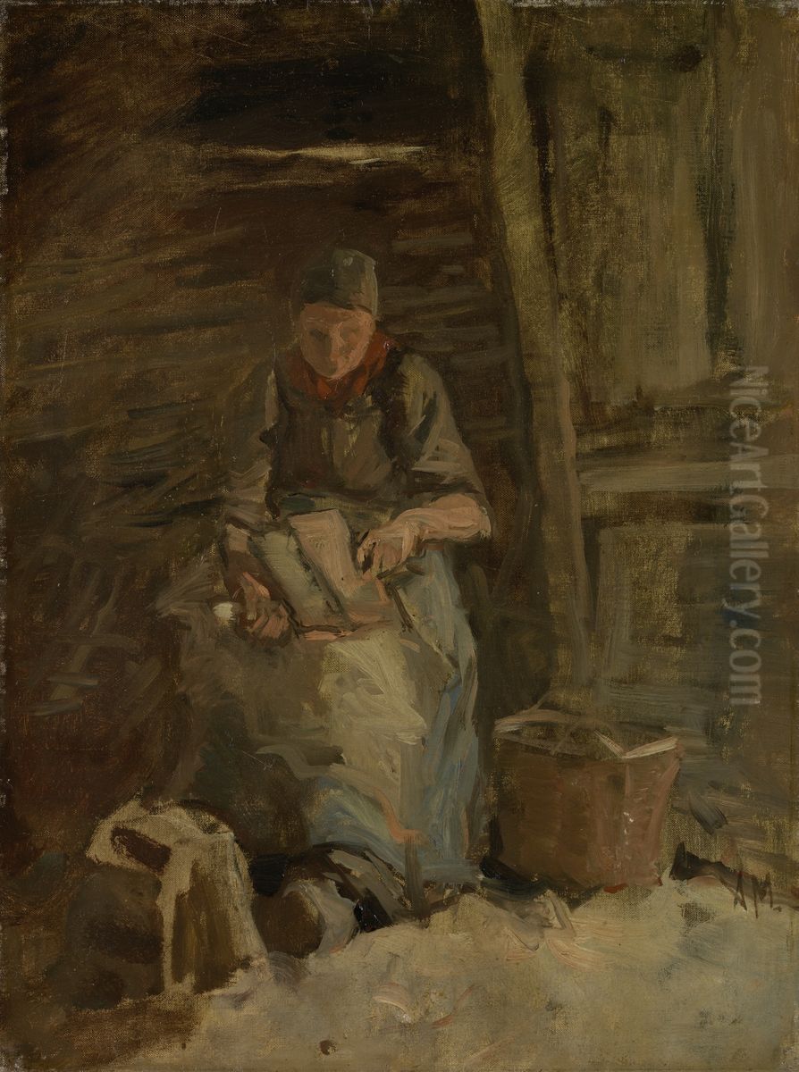 De vlaskaardster Oil Painting by Anton Mauve