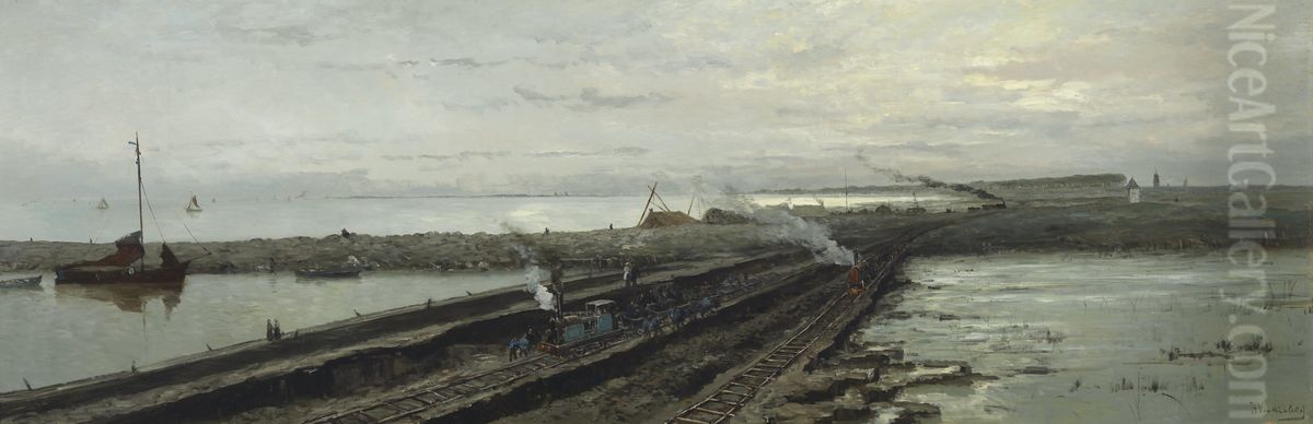 Building the new harbour at Enkhuizen Oil Painting by Hendrik Willem Mesdag