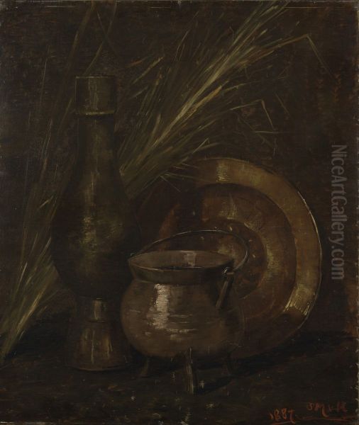 Stilleven met bronzen pot, koperen schaal en vaas Oil Painting by Sina Mesdag-van Houten