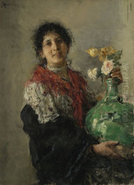 Woman with a green vase Oil Painting by Antonio Mancini