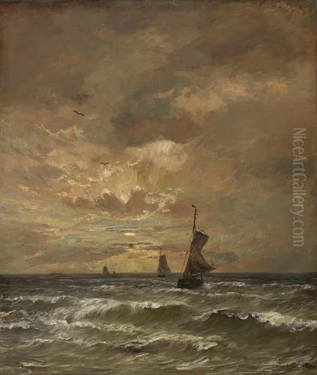 Sunset with stormy sea Oil Painting by Hendrik Willem Mesdag