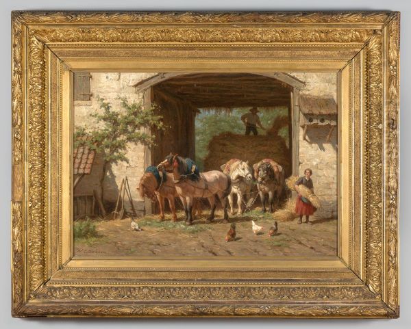 Een boer aan het hooien Oil Painting by Willem Carel Nakken