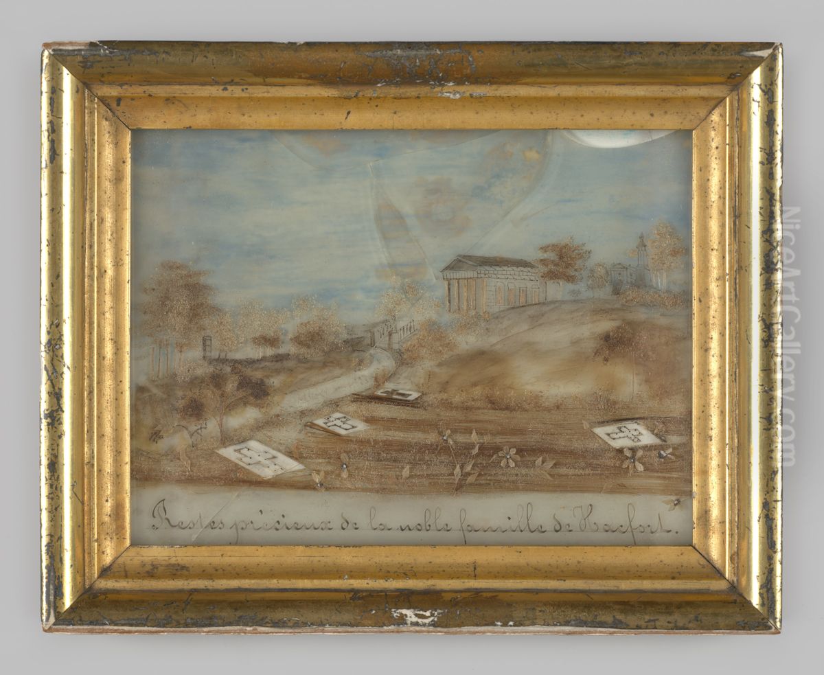 Achterglasschildering van een begraafplaats en tempel Oil Painting by Geldersch Landschap en Kasteelen