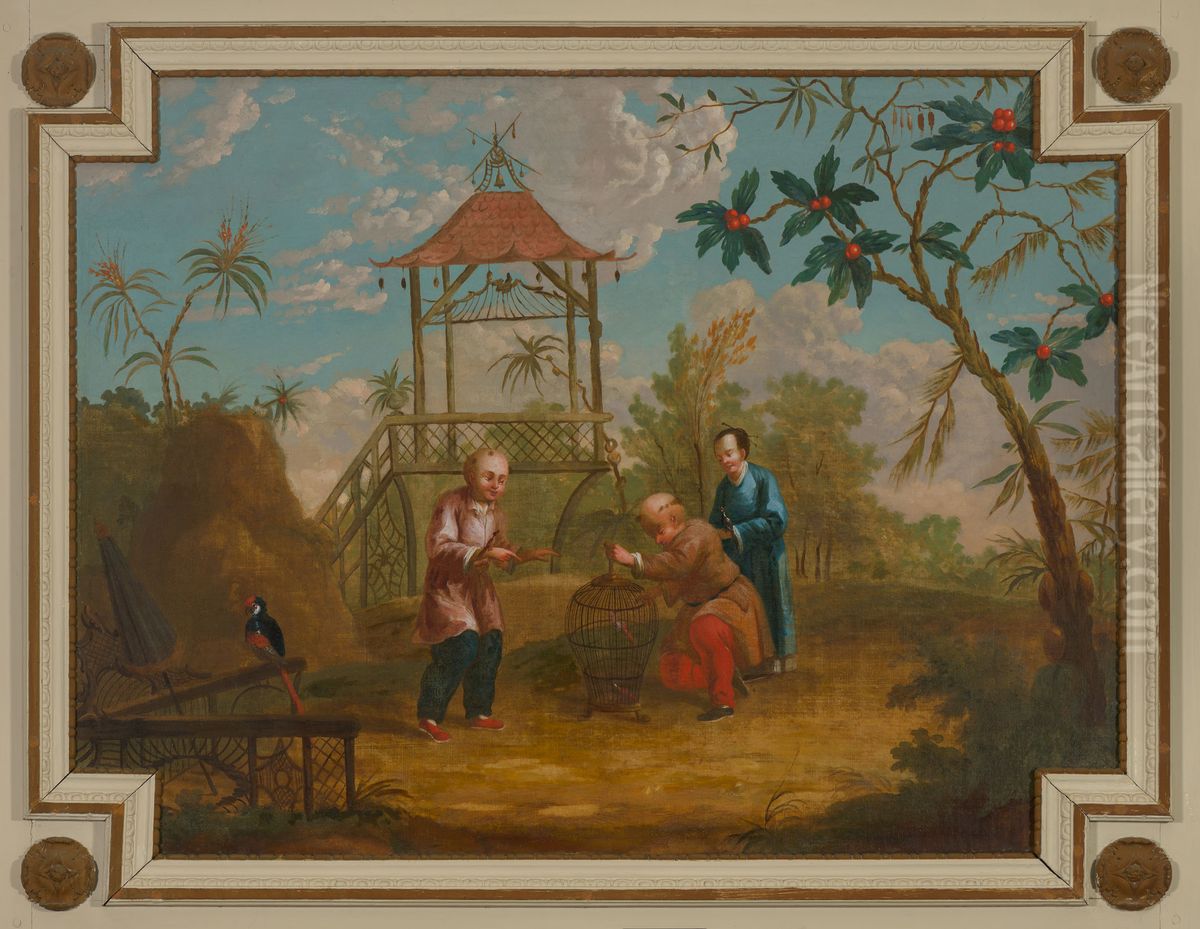 Bovendeurstuk met drie figuren rond een vogelkooi Oil Painting by Geldersch Landschap en Kasteelen