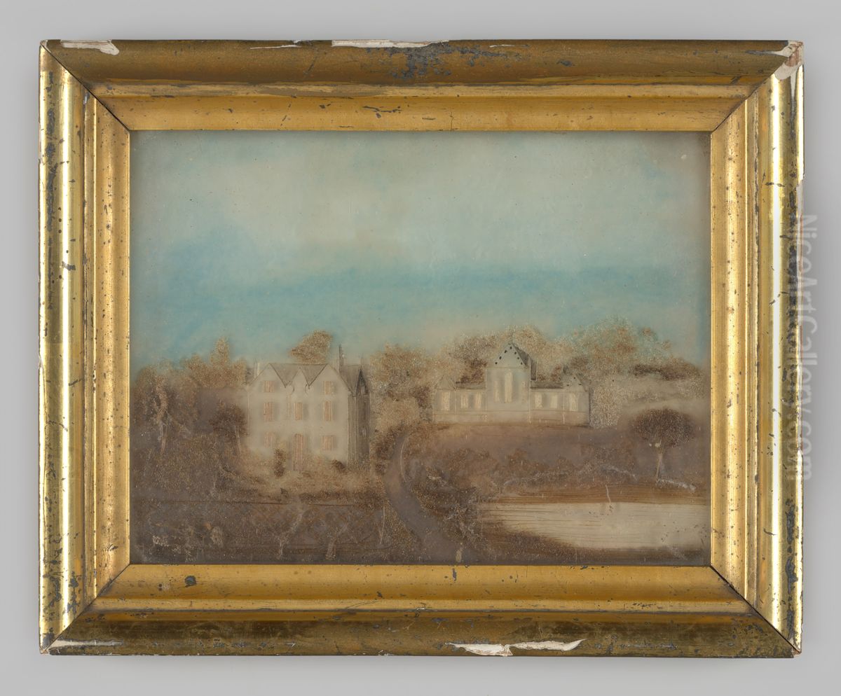 Achterglasschildering van een huis met bijgebouwen en parkaanleg Oil Painting by Geldersch Landschap en Kasteelen