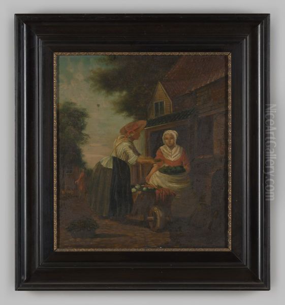 Marktscene met een groentenverkoopster Oil Painting by Geldersch Landschap en Kasteelen