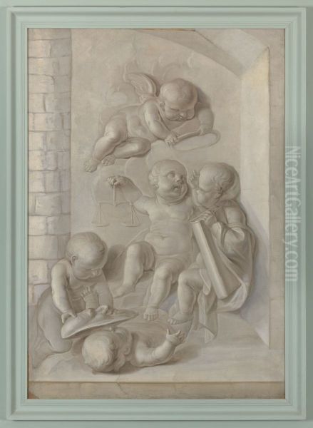 Allegorische voorstelling met een engeltje en vier putti Oil Painting by Nicolaas Reyers