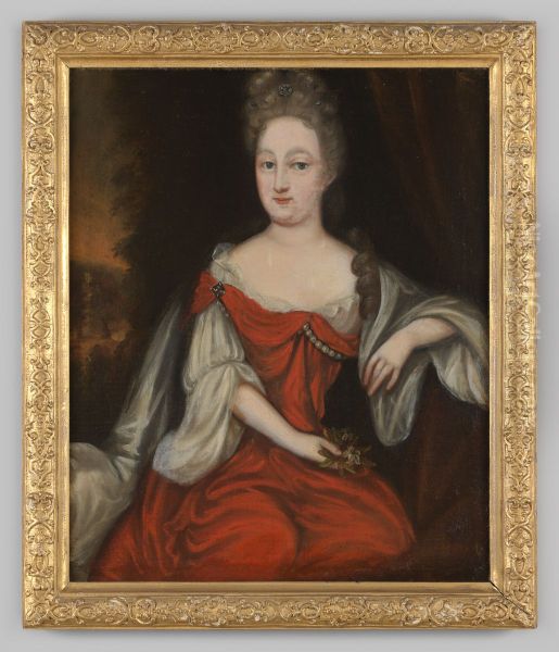 Portret van een onbekende vrouw in een rode japon Oil Painting by Geldersch Landschap en Kasteelen