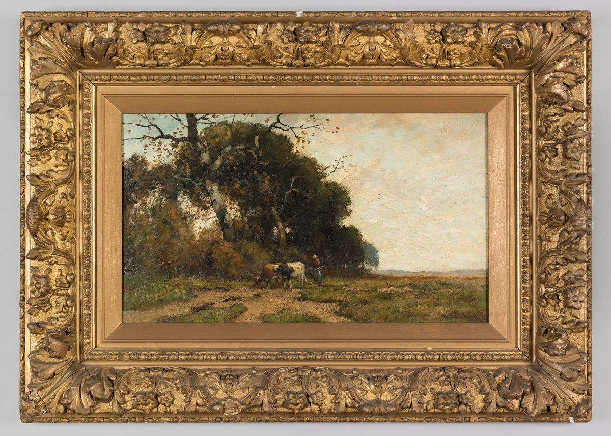 Landschap met boerin en koeien Oil Painting by Theophile Emile Achille De Bock