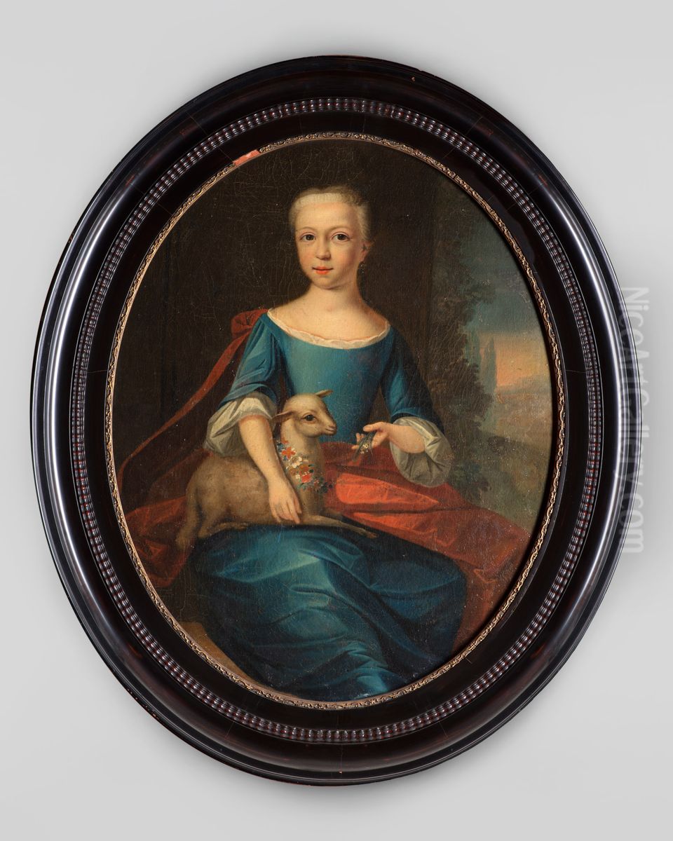 Kinderportret met lammetje Oil Painting by Geldersch Landschap en Kasteelen