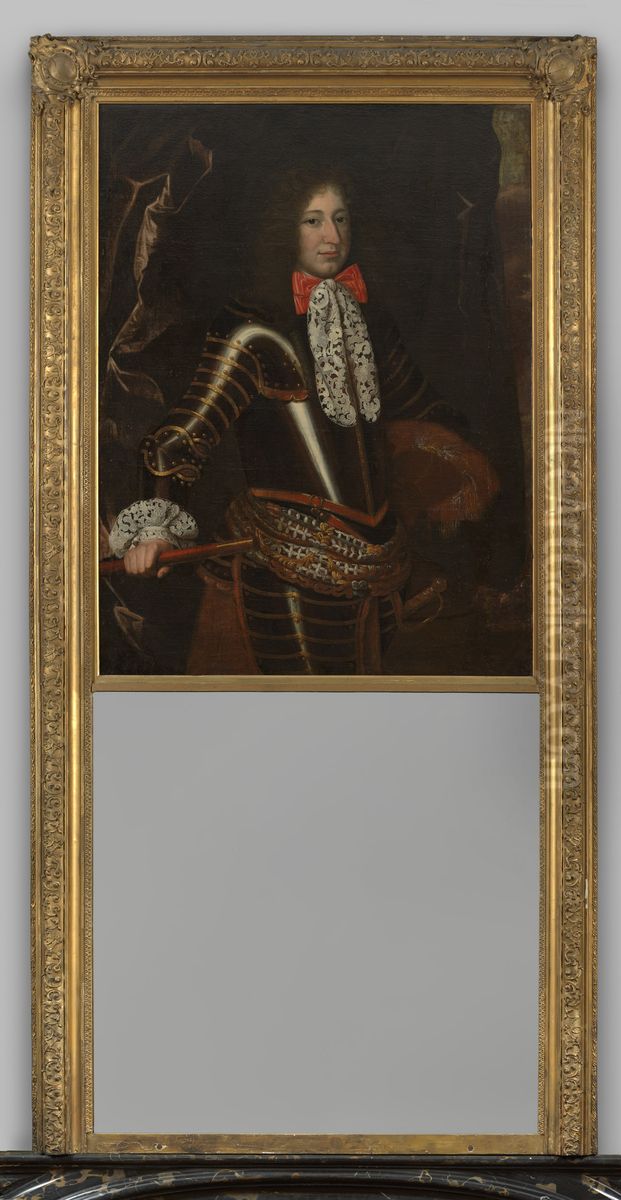 Bovenschouwstuk met portret van een onbekende man en een spiegel Oil Painting by Geldersch Landschap en Kasteelen