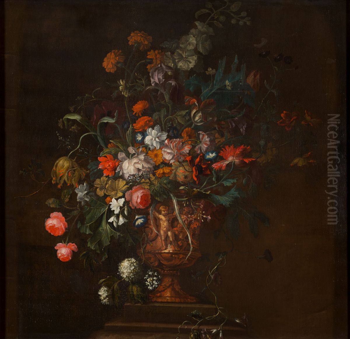 Schoorsteenstuk met een bloemstilleven Oil Painting by Justus van Huysum