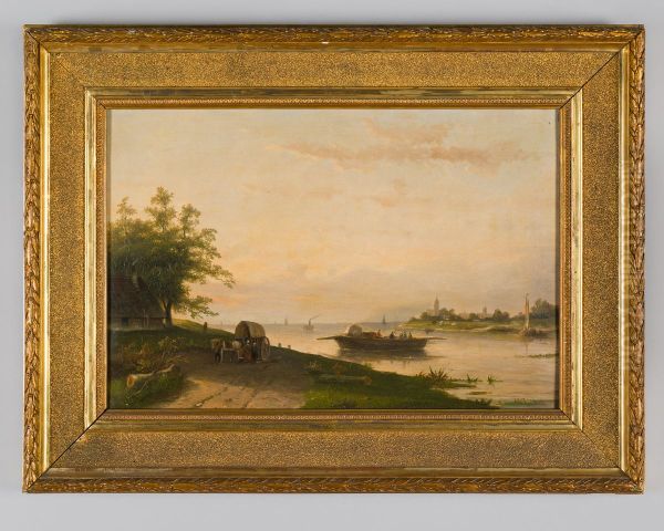 Rivierlandschap met veerpont Oil Painting by Charles Henri Leickert
