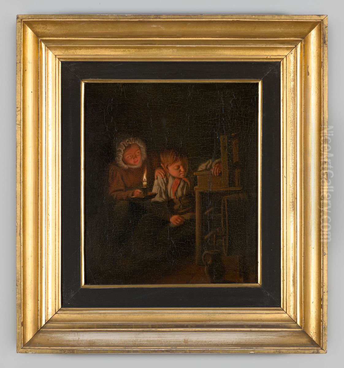 Jongen en meisje met kaarslicht in de donkerte Oil Painting by Petrus van Schendel