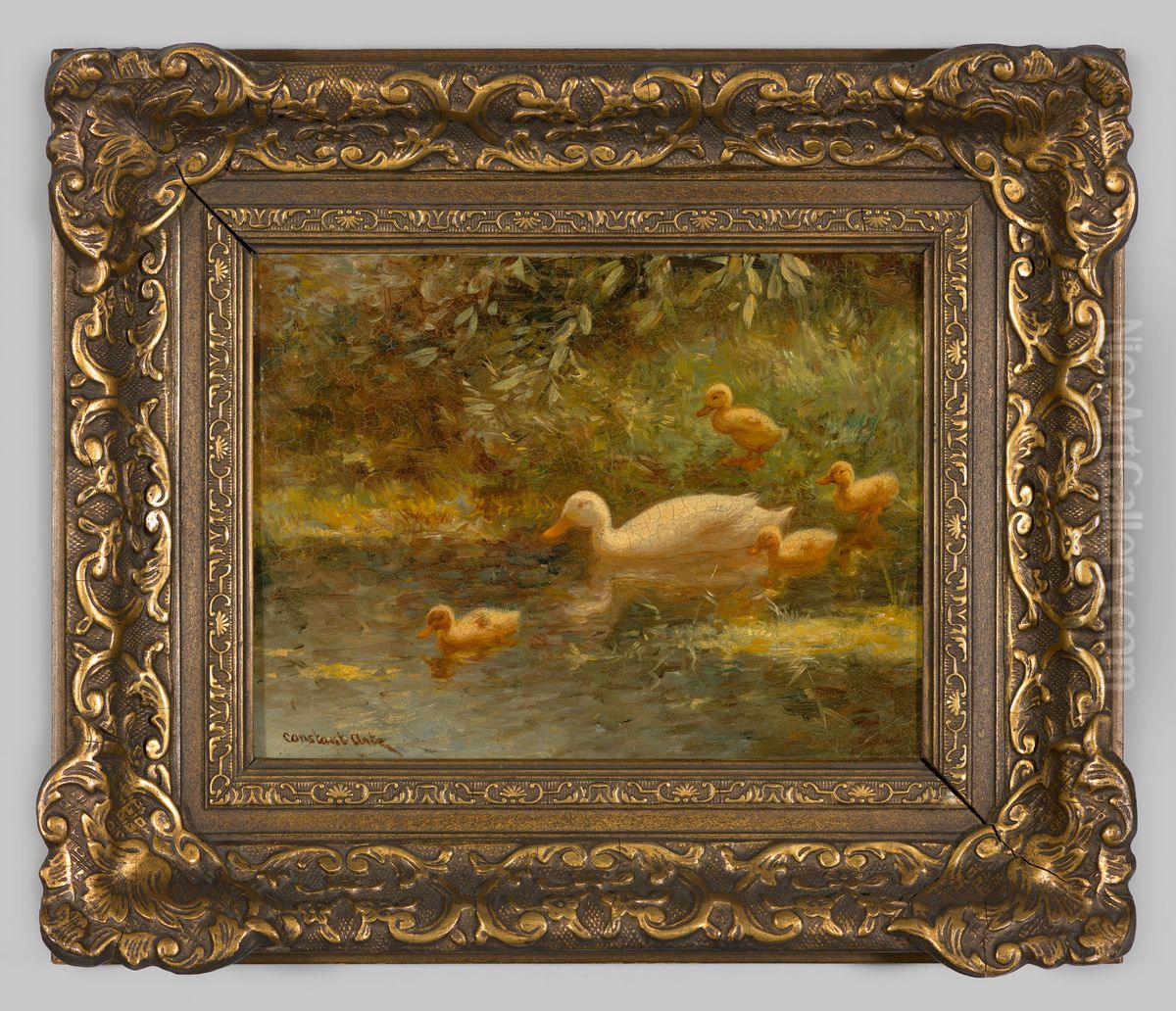 Slootkant met eend en eendenkuikens Oil Painting by Constant Artz