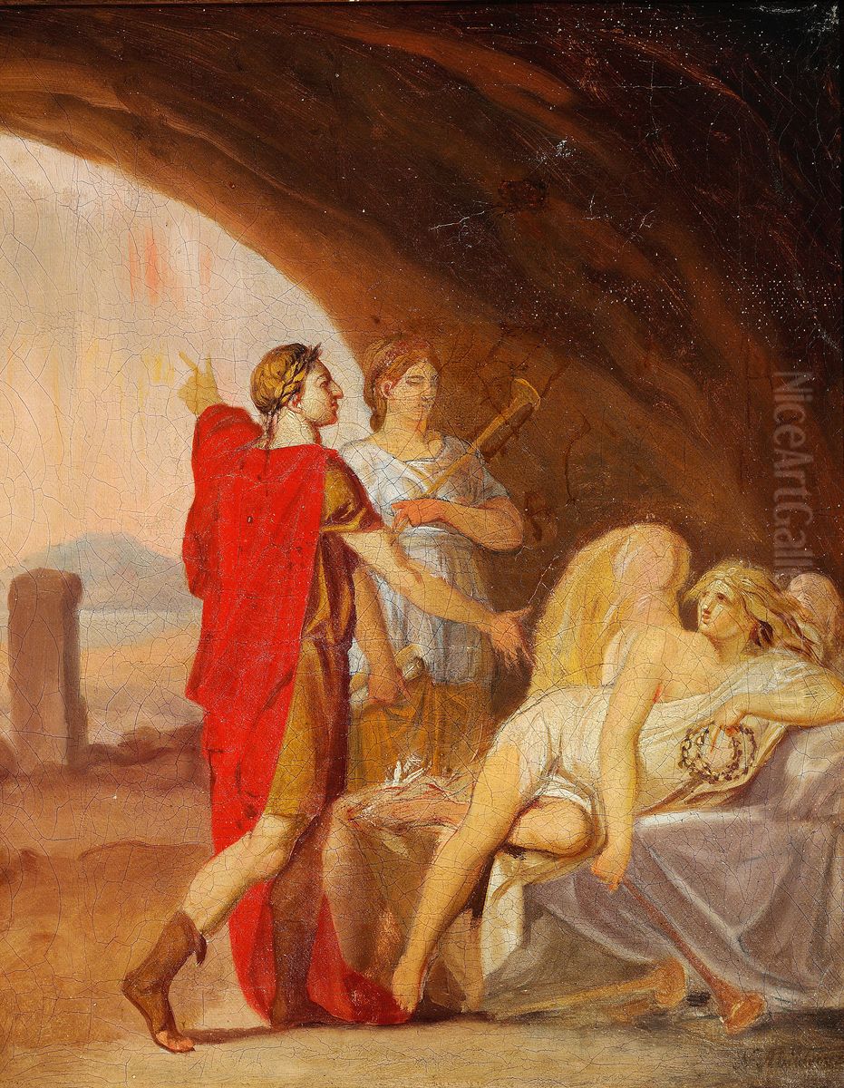 The Prince Royal Frederik awakens the sleeping Fama with the help of Clio. Study. Oil Painting by Nicolai Abildgaard
