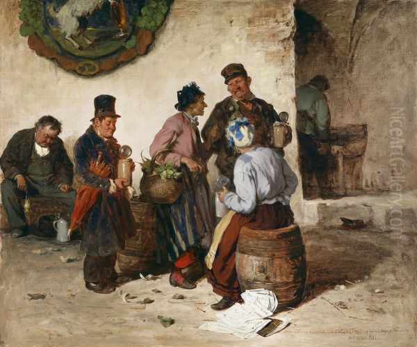 Stammkundschaft in einem Biergarten Oil Painting by Pal Bohm