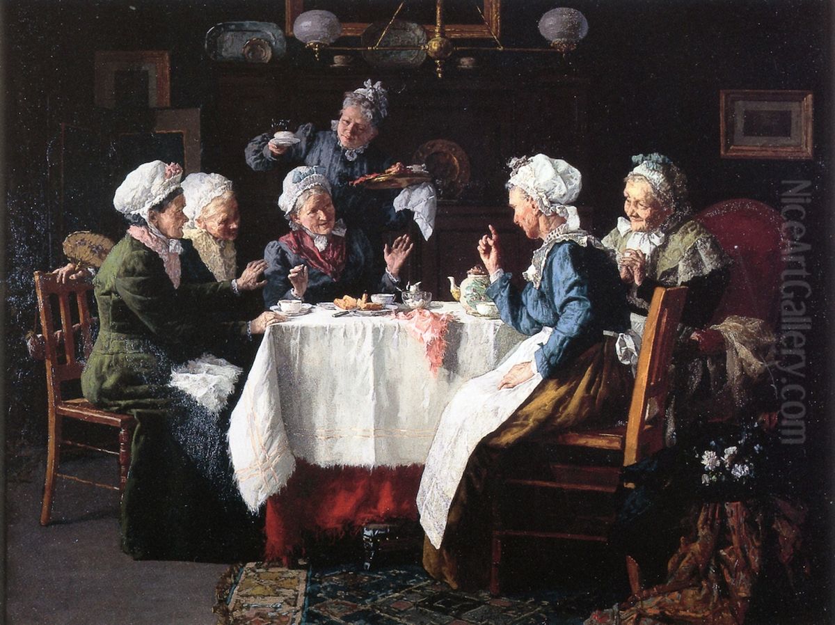 Tea Party Oil Painting by Louis Moeller Tea Party Oil Painting by Louis Moeller