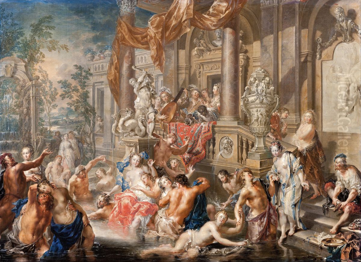 Fountain scene in front of a palace Oil Painting by Johann Georg Platzer