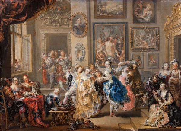 Dancing scene with palace interior Oil Painting by Johann Georg Platzer