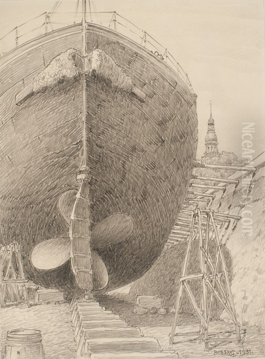 Isbrytare i dockan pa Galarvarvet i Stockholm. Oil Painting by Ferdinand Boberg