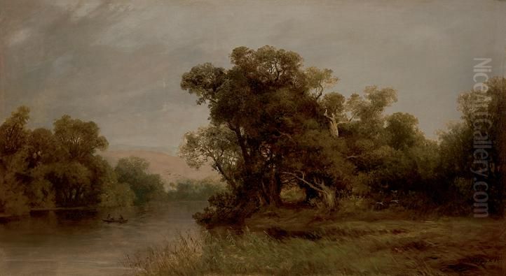 Riverside with a Boat Oil Painting by Karoly Telepy Riverside with a Boat Oil Painting by Karoly Telepy