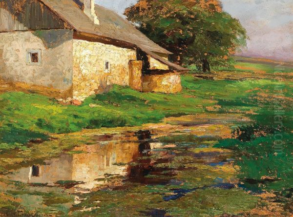 The pond behind the house Oil Painting by Olga Wisinger-Florian