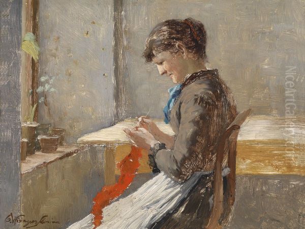 Strickende Frau am Fenster Oil Painting by Olga Wisinger-Florian
