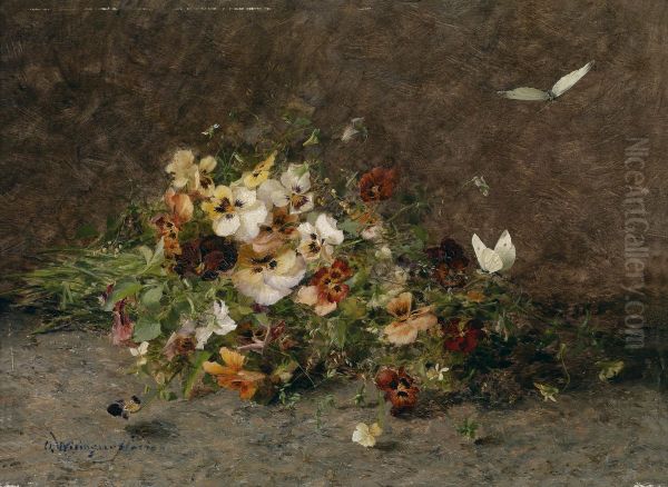 Stiefmutterchen und Schmetterlinge Oil Painting by Olga Wisinger-Florian