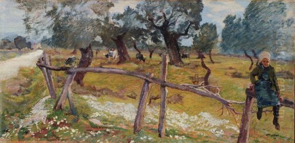 Oliveto con contadinella e bufali Oil Painting by Mario Puccini