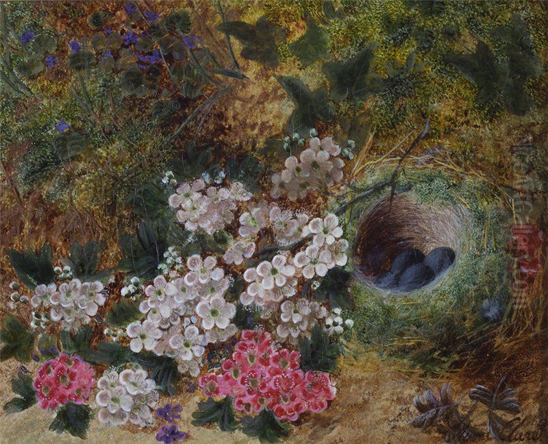 Flowers and Bird's Nest by a Mossy Bank Oil Painting by Oliver Clare