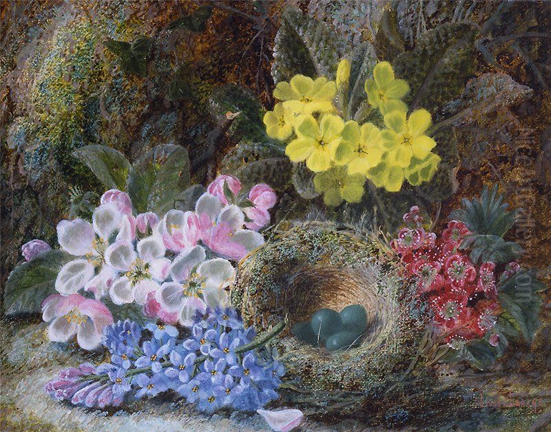 Primroses, Apple Blossoms and Bird's Nest Oil Painting by Oliver Clare