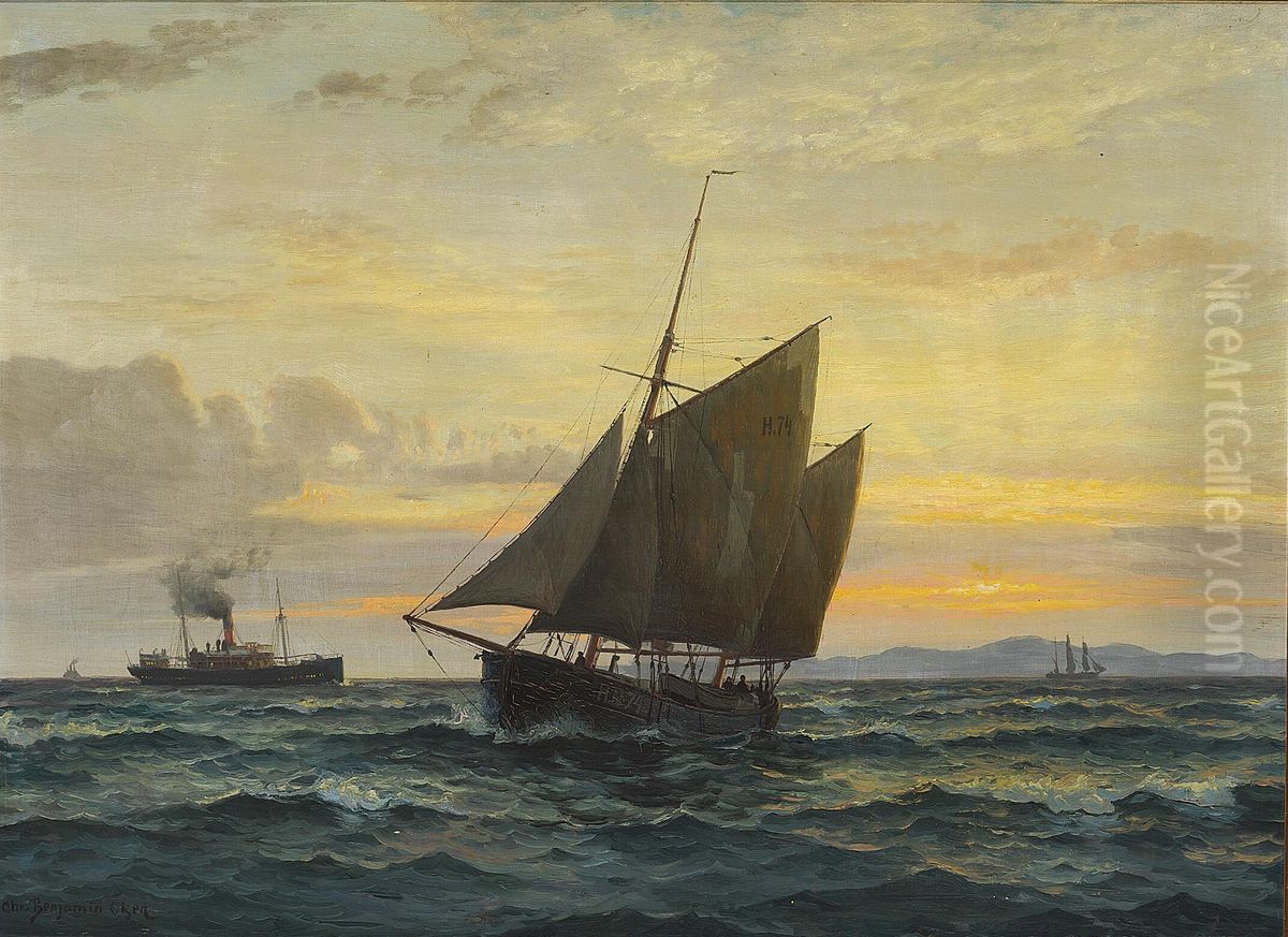 A fishing vessel and a steamship in the Sound at dusk. Oil Painting by Benjamin Olsen