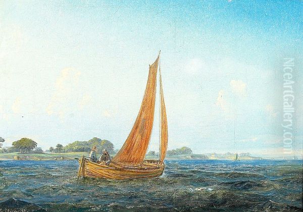 View of the Sound with some sailing boats. Oil Painting by Carl Julius Emil Olsen