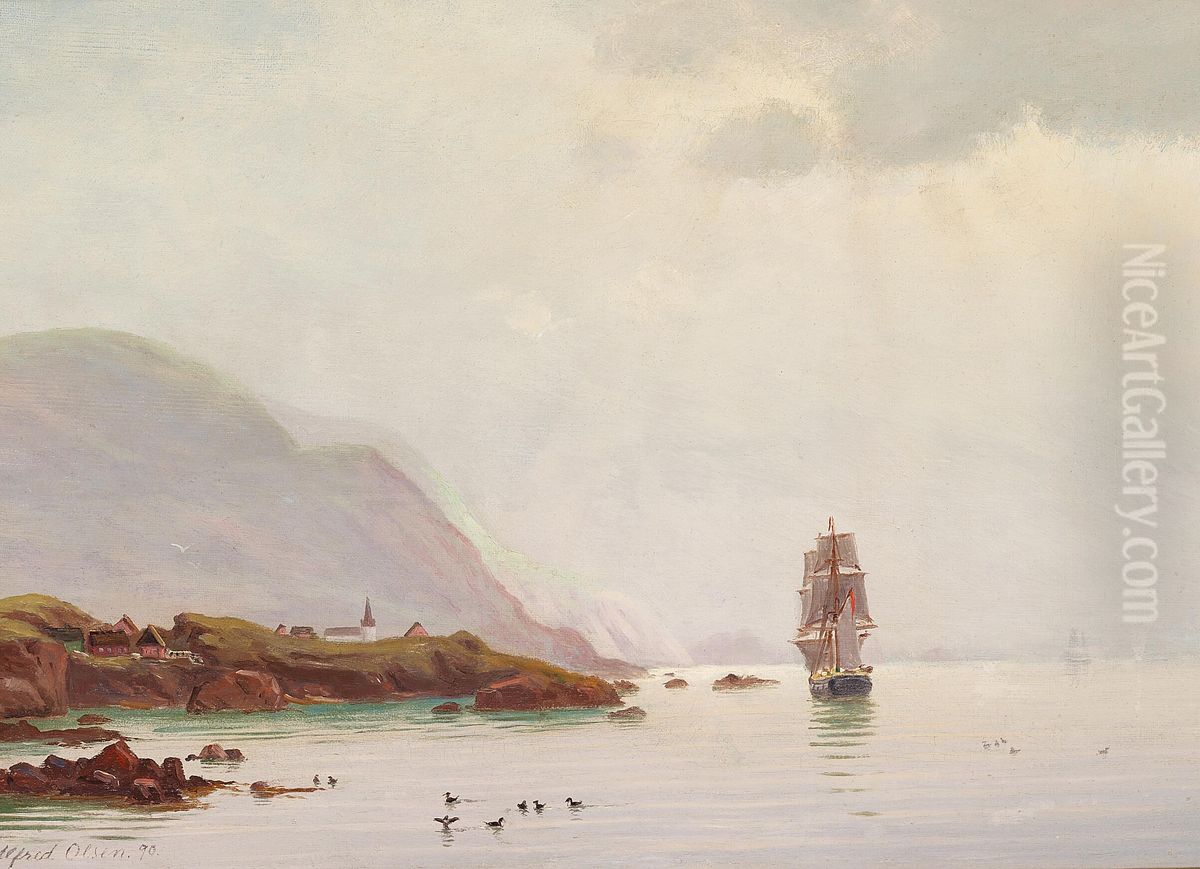 Marine with a sailing ship along a rocky coast. Oil Painting by Alfred Olsen