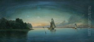 Evening at a coast with two sailing ships.