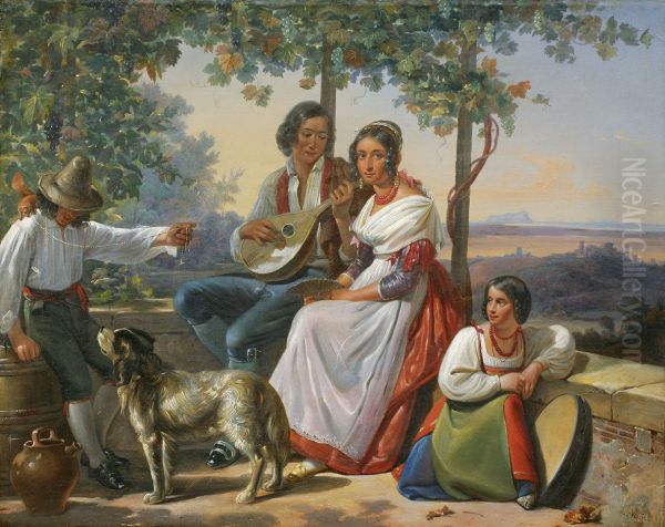 Genreszene in italienischer Landschaft Oil Painting by Ludwig Vogel