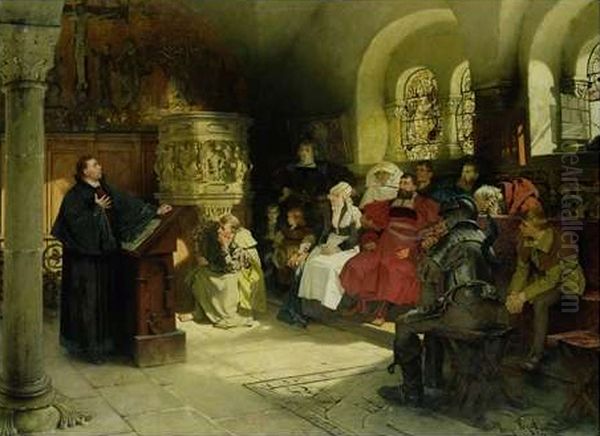Martin Luther preaching at the Wartburg Oil Painting by Hugo Vogel