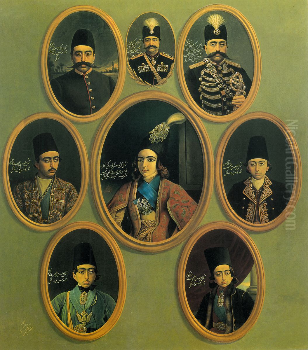Eight Portraits of Naser al-Din Shah Qajar and Mozaffar ad-Din Shah Qajar in Different Ages of Their Life Oil Painting by Kamal-ol-molk